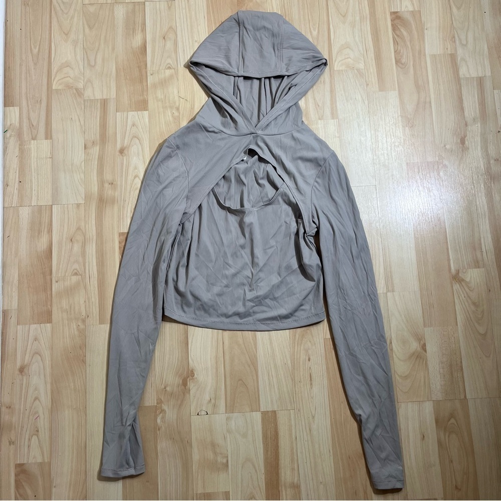 Offline By Aerie Womens Grey Ribbed Long Sleeve Hooded‎ Active Top Size Medium